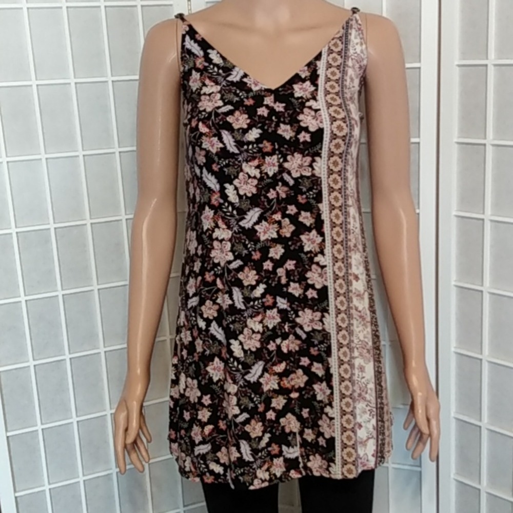 Spoiled Floral‎ Print V Neck Spaghetti Strap Mini Dress Black Pink Size S
